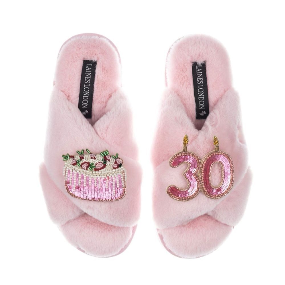 Laines London Classic  Slippers With 30Th Birthday & Cake Brooches - Pink Size L